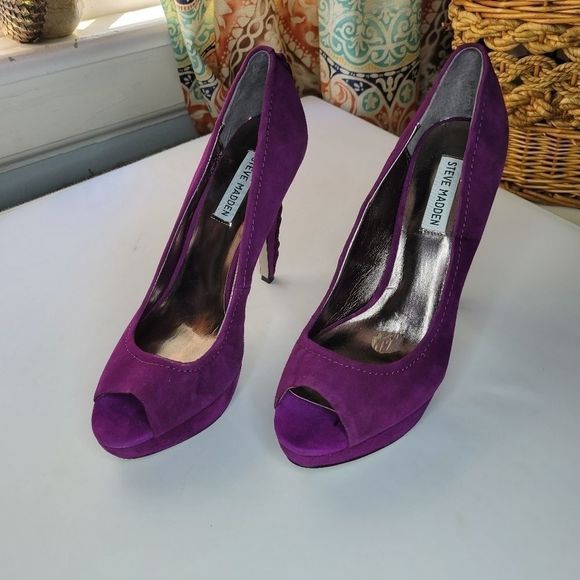 STEVE MADDEN Purple Silver Suade Peep Toe Heels - Picture 7 of 16